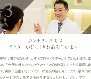 カウンセリングではドクターがじっくりお話を伺います。 | 施術に関するご相談は、すべて担当ドクターが対応いたします。また、完全予約制なので、カウンセリングの時間もしっかり確保します。実際に施術を行うドクターが直接お話を伺うことで、最終的なイメージのズレをできる限り少なくしたいという狙いです。